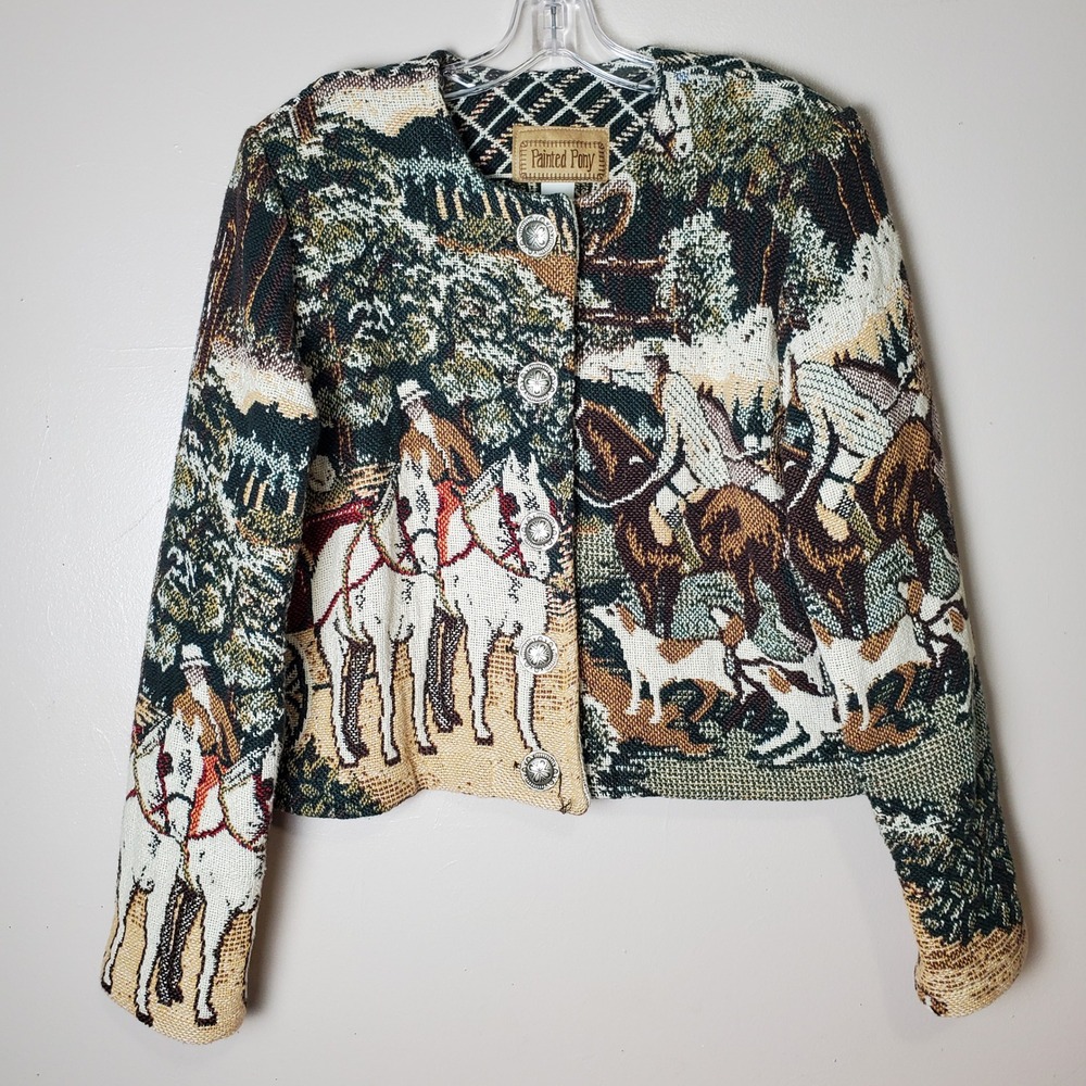 Vintage‎ Painted Pony Equestrian Tapestry Jacket Hunting Dogs Horses Countryside